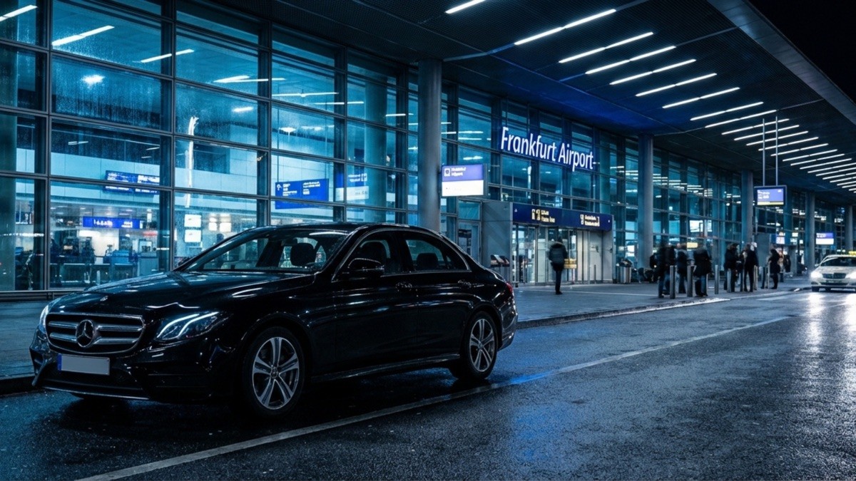 Flughafentransfer Frankfurt: Mercedes E-Klasse am Terminal des Frankfurter Flughafens bei Nacht